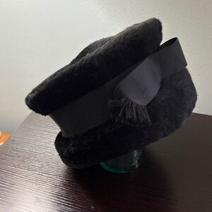Classic Black Faux Fur Pillbox Hat with Ribbon Trim